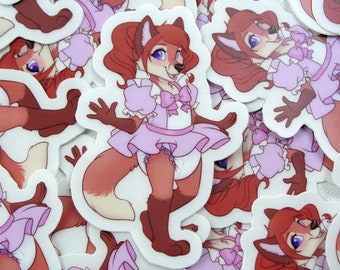 May include: A set of stickers featuring a cartoon fox wearing a pink dress and a bow. The fox has red hair and a white tail. The stickers are printed on white paper and have a glossy finish.