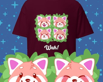 May include: A maroon t-shirt with a graphic of four red panda faces surrounded by green leaves. The faces have different expressions, including smiling, winking, and frowning. The text "Wah!" is printed below the graphic.