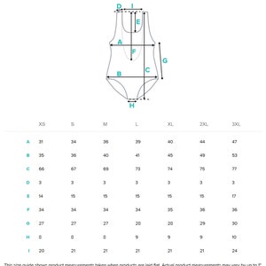 K&ouml;nnte beinhalten: Gr&ouml;&szlig;entabelle f&uuml;r einen Badeanzug mit Ma&szlig;en in Zoll f&uuml;r Brust, Taille, H&uuml;fte und andere Dimensionen. Die Gr&ouml;&szlig;en reichen von XS bis 3XL.