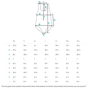 K&ouml;nnte beinhalten: Gr&ouml;&szlig;entabelle f&uuml;r einen Badeanzug mit Ma&szlig;en in Zoll f&uuml;r verschiedene Gr&ouml;&szlig;en: XS, S, M, L, XL, 2XL und 3XL. Die Tabelle zeigt die Ma&szlig;e f&uuml;r Brust, Taille, H&uuml;fte, Schulter, Ausschnitt, Armloch und L&auml;nge.
