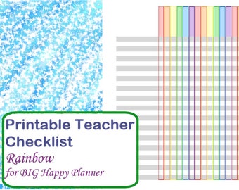 Printable Teacher Checklist for Big Happy Planner or similar. Rainbow color and vertical layout.