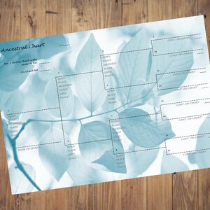 Ancestral chart PRINTABLE AND FILLABLE. Family tree. Pedigree plus basic information. Blue-green leaves