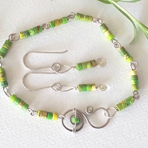 Green Yellow Turquoise stone bracelet, .999 silver link, ooak, priced individually, earthy autumn