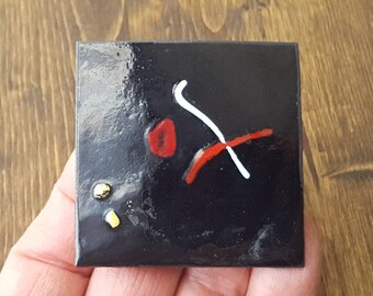 Vintage Mod abstract large enameled copper handcrafted pin, black, red, white, and gold detail, 2" square