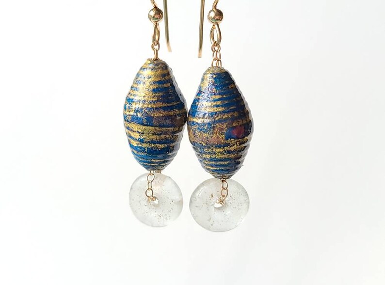 gold filled earwires blue clear gold one of a kind Egyptian revival Handmade 23K gilded handmade paper and glass tradebead earrings