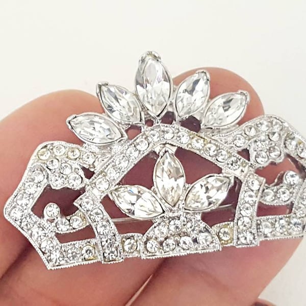 1980s Art Deco Revival Large Rhinestone Crown shaped silvertone brooch, 1928 jewelry company.