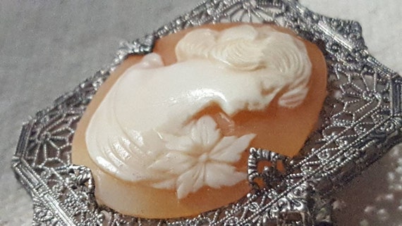 Shell cameo femal with flower brooch, set in ster… - image 6