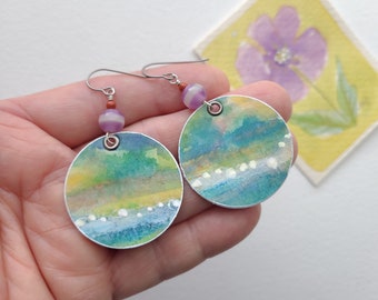 Handpainted watercolor paper earrings with vintage acrylic beads, blue green lavender, yellow, hypoallergenic titanium earwires.