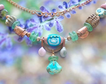 Turquoise and artisan lampwork chunky brutalist copper statement choker 16" necklace, blue, mauve, gray. handmade OOAK