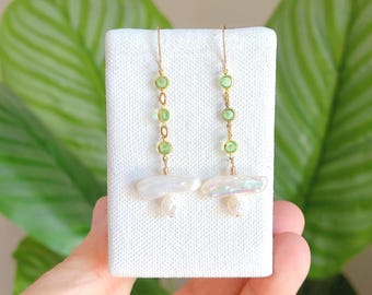 Uranium Glass Freshwater Pearl Dangle Earrings, 14K Gold-Filled, Vintage Bezel Set