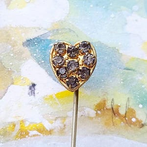 Aged Glass Rhinestone Heart Stick Pin, Gilt Gold, Early Mid-Century Lapel Tie Pin image 9