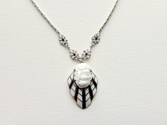 Early Coro Art Deco pendant silvertone necklace, … - image 2