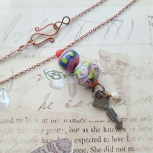 Key charm stacked bead necklace, lampwork bead copper lariat handmade necklace, OOAK antiqued look.