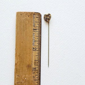 Aged Glass Rhinestone Heart Stick Pin, Gilt Gold, Early Mid-Century Lapel Tie Pin image 6