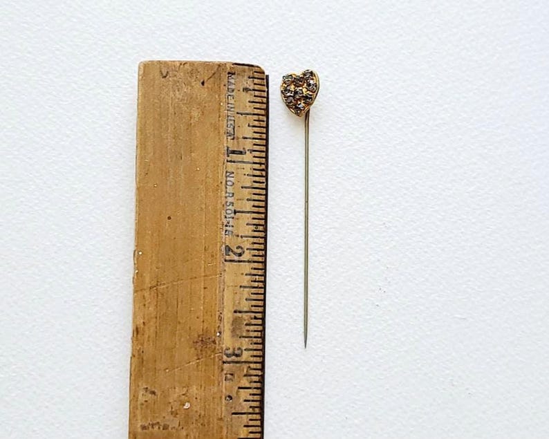 Aged Glass Rhinestone Heart Stick Pin, Gilt Gold, Early Mid-Century Lapel Tie Pin image 6