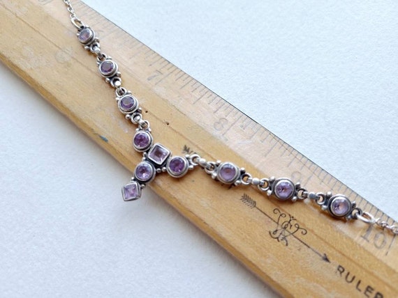 Vintage Amethyst Y Necklace, Sterling Links and Chain, Bezel