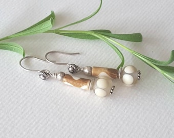 Handmade etched lampwork glass and trade bead drop sterling silver boho earrings.