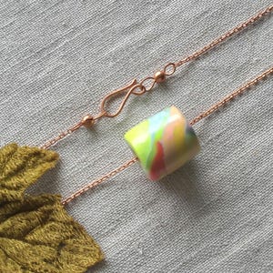 Artisan Pastel Neon Polymer Clay Necklace, Multicolor Marbled Bead, Copper Chain image 9
