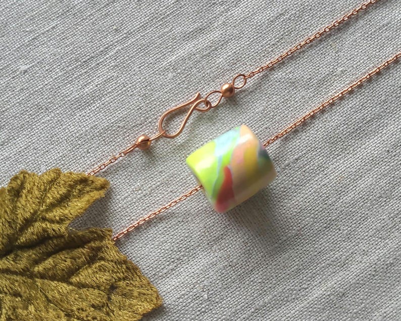 Artisan Pastel Neon Polymer Clay Necklace, Multicolor Marbled Bead, Copper Chain image 9