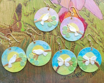 Bird and butterfly painted paper collage 14/20K gold filled earrings, artisan one-of-a-kind, individually priced.