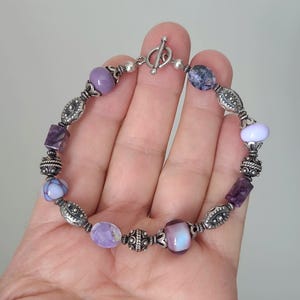 Charoite and original handmade Lampwork glass bracelet, with fancy sterling silver beads, ooak.