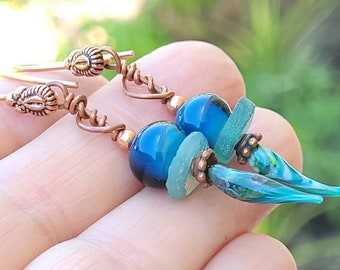 Aqua glass and blue lampwork long dangle copper handmade earrings, thick heavy gauge earwires.