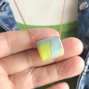 Artisan Pastel Neon Polymer Clay Necklace, Multicolor Marbled Bead, Copper Chain image 6