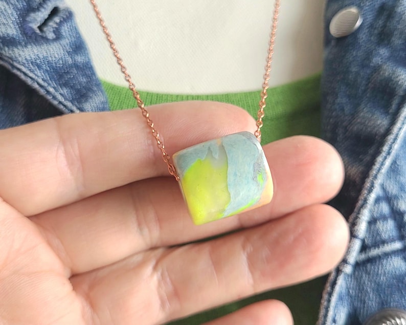 Artisan Pastel Neon Polymer Clay Necklace, Multicolor Marbled Bead, Copper Chain image 6