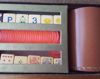 Vintage MCM poker dice game, A & L Manufacturing Co. NY, dice, chips, leather dice cup, instructions with box, vintage games