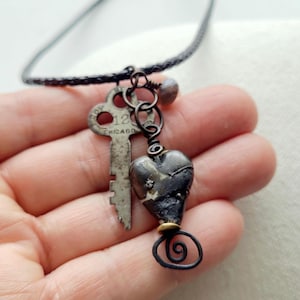 Heart and old key leather necklace, rustic copper and silver fired onto beige glass, handmade OOAK.