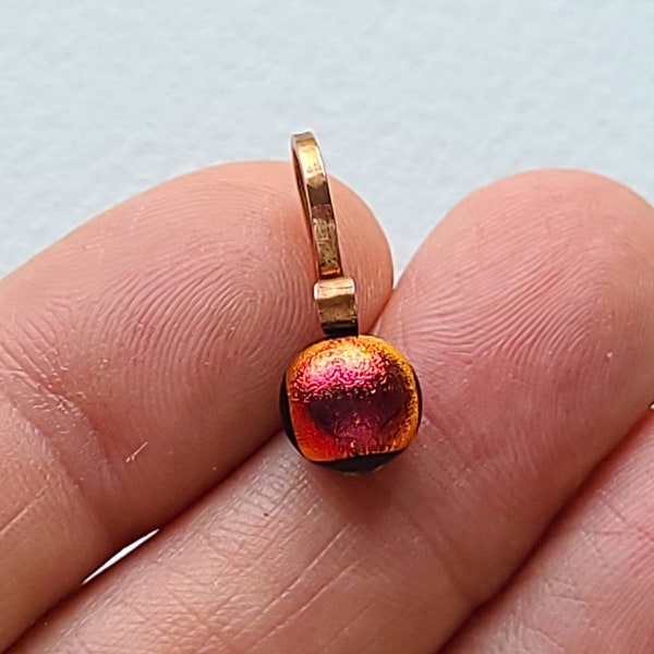 Micro artisan fused dichroic glass cabachon pendant, handmade copper bail, iridescent red bronze, unisex.
