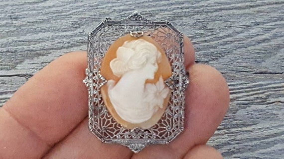 Shell cameo femal with flower brooch, set in ster… - image 7