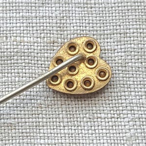 Aged Glass Rhinestone Heart Stick Pin, Gilt Gold, Early Mid-Century Lapel Tie Pin image 3
