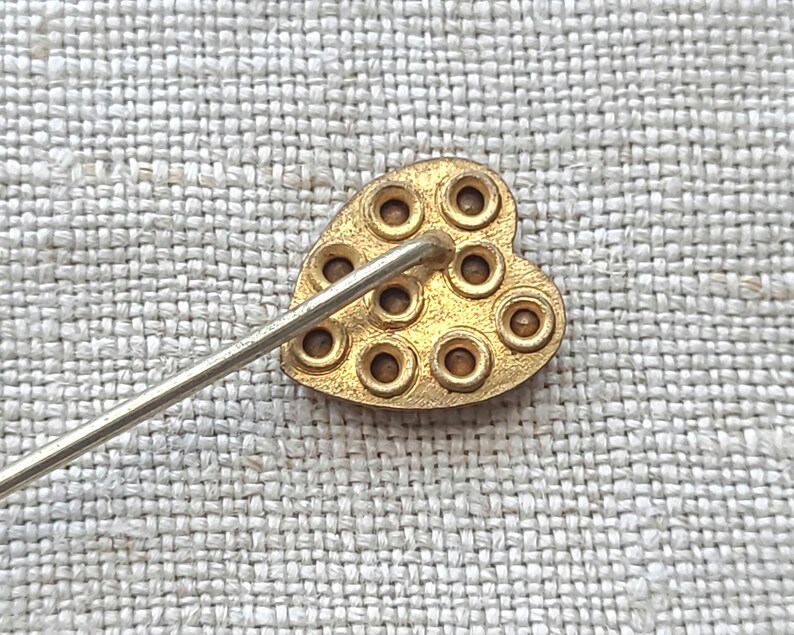Aged Glass Rhinestone Heart Stick Pin, Gilt Gold, Early Mid-Century Lapel Tie Pin image 3