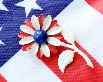 Enamal metal red white blue 3D daisy brooch, patriotic, mid century flower jewelry
