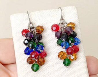 Vintage upcycled Jeweltone facated round glass bead drop dangle cluster earrings, hypoallergenic titanium earwires.
