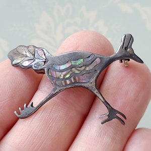 Vintage Taxco Mex sterling abalone roadrunner pin, signed MLO, rich dark silver patina