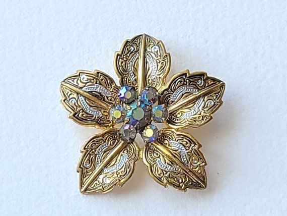 Vintage Western Germany signed flower goldtone br… - image 5