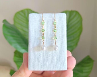 Uranium Glass Pearl Dangle Earrings, 14K Gold-Filled, Vintage Bezel Set