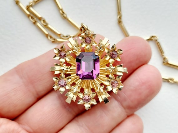 Signed Coro vintage purple rhinestone open goldto… - image 1