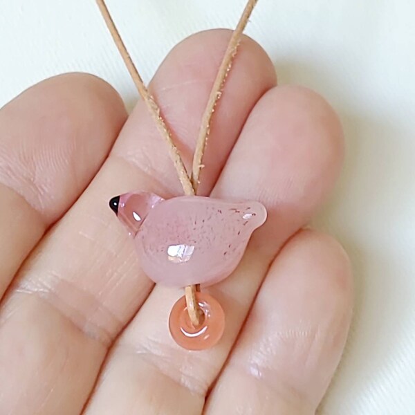 Handmade Pink Lampwork Glass Bird on leather necklace, OOAK,  Adjustable.