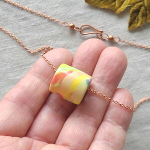 Artisan Pastel Neon Polymer Clay Necklace, Multicolor Marbled Bead, Copper Chain image 8