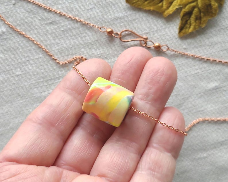 Artisan Pastel Neon Polymer Clay Necklace, Multicolor Marbled Bead, Copper Chain image 8