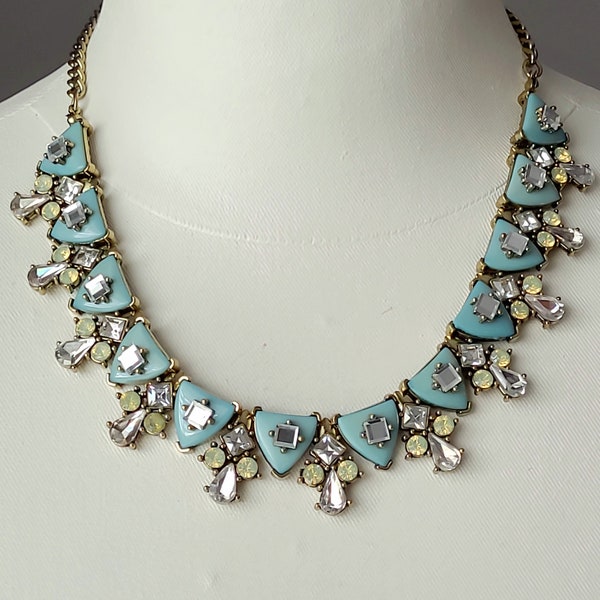 vintage ornate rhinestone and acrylic linked antiqued brass tone necklace, 18" to 21", Robbins egg blue.