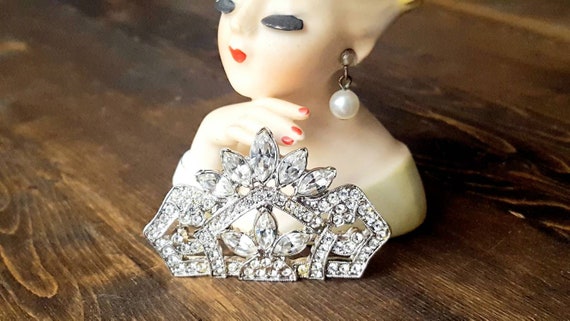 1980s Art Deco Revival Large Rhinestone Crown sha… - image 2