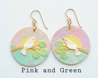 Bird and butterfly painted paper collage 14/20K gold filled earrings, artisan one-of-a-kind, individually priced.