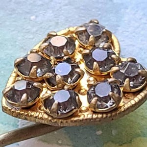 Aged Glass Rhinestone Heart Stick Pin, Gilt Gold, Early Mid-Century Lapel Tie Pin image 10