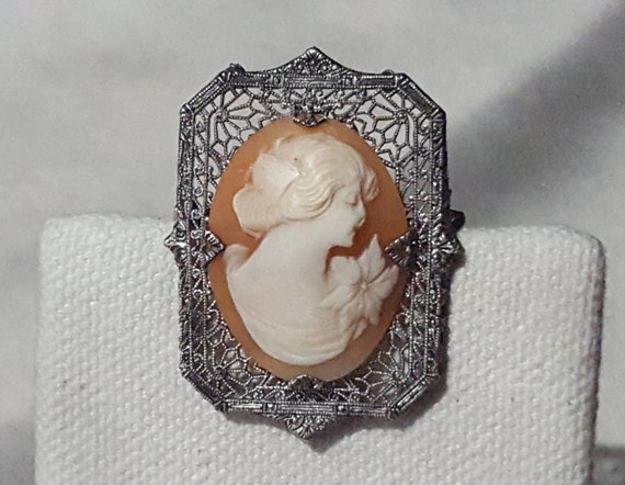 Shell cameo femal with flower brooch, set in ster… - image 3