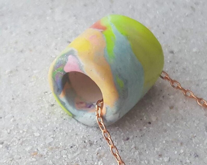 Artisan Pastel Neon Polymer Clay Necklace, Multicolor Marbled Bead, Copper Chain image 17