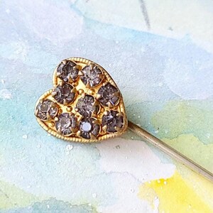 Aged Glass Rhinestone Heart Stick Pin, Gilt Gold, Early Mid-Century Lapel Tie Pin image 8